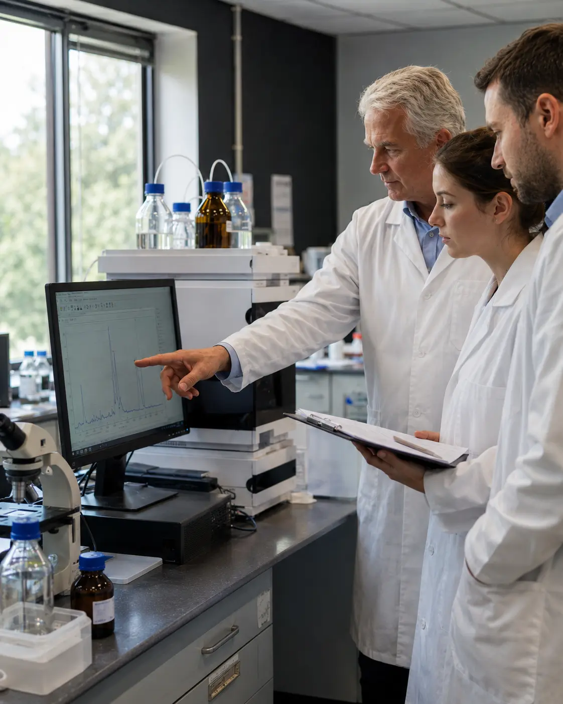 Tre personer i et laboratorium, der sammen gennemgår analyseresultater på en skærm, illustrativt billede.
