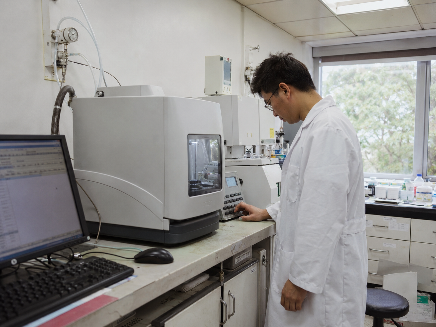 Laboratorietekniker ved analyseinstrument under prøvekørsel