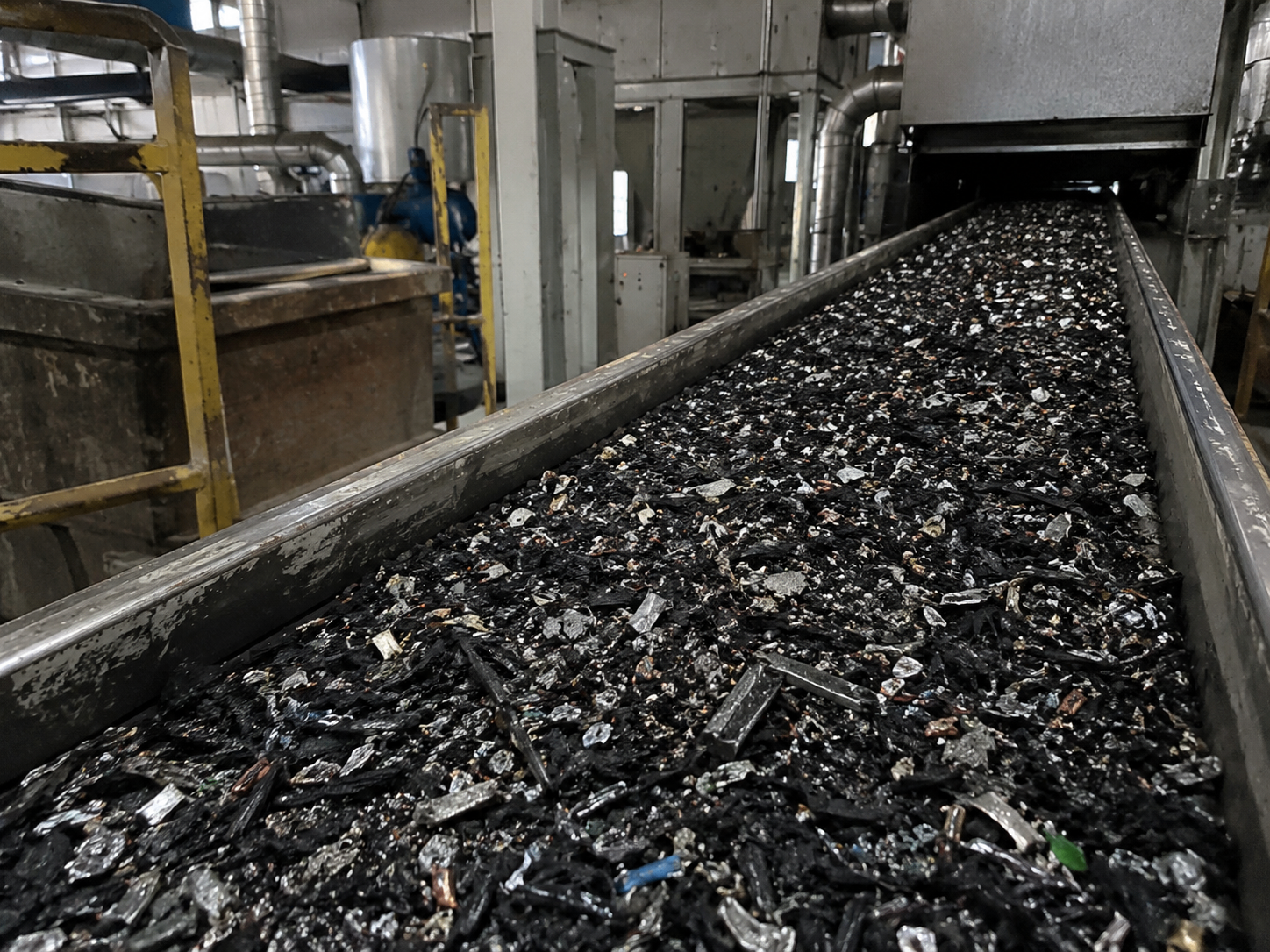 Sort masse og batterifraktion på transportbånd i genanvendelsesanlæg