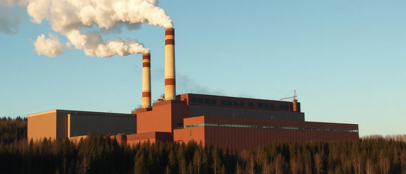 Papirfabrik med skorstene og dampfane mod nordisk skyline