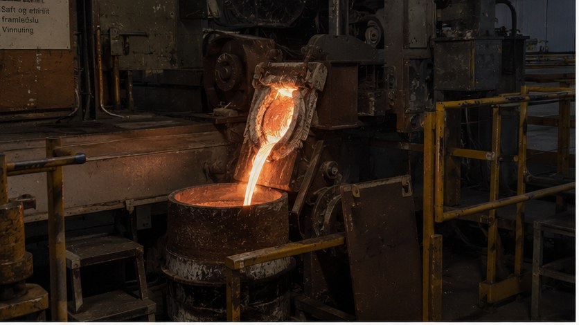 Tapning af smeltet metal fra industriel ovn i støberi