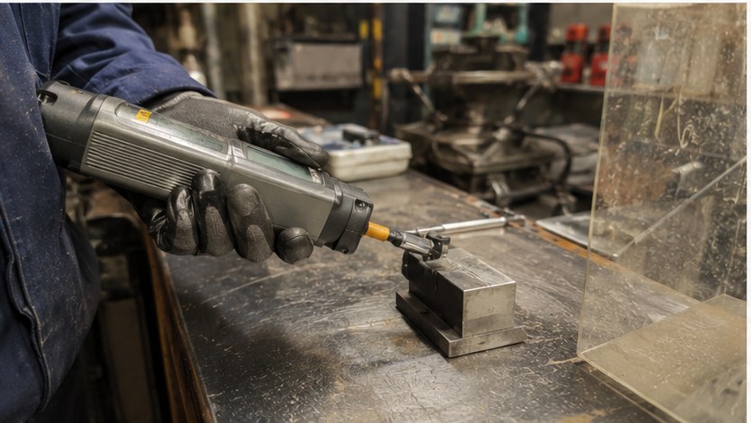 Operatør med håndholdt XRF-analysator mod metalprøve i felten