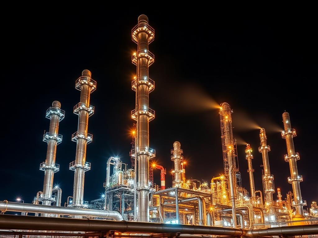 Petrokemiske destillationskolonner oplyst om natten